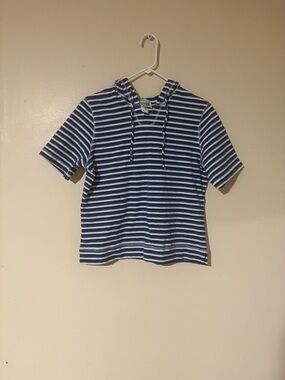 Teddi Blue & White Striped Hooded Short Sleeve Crop Top